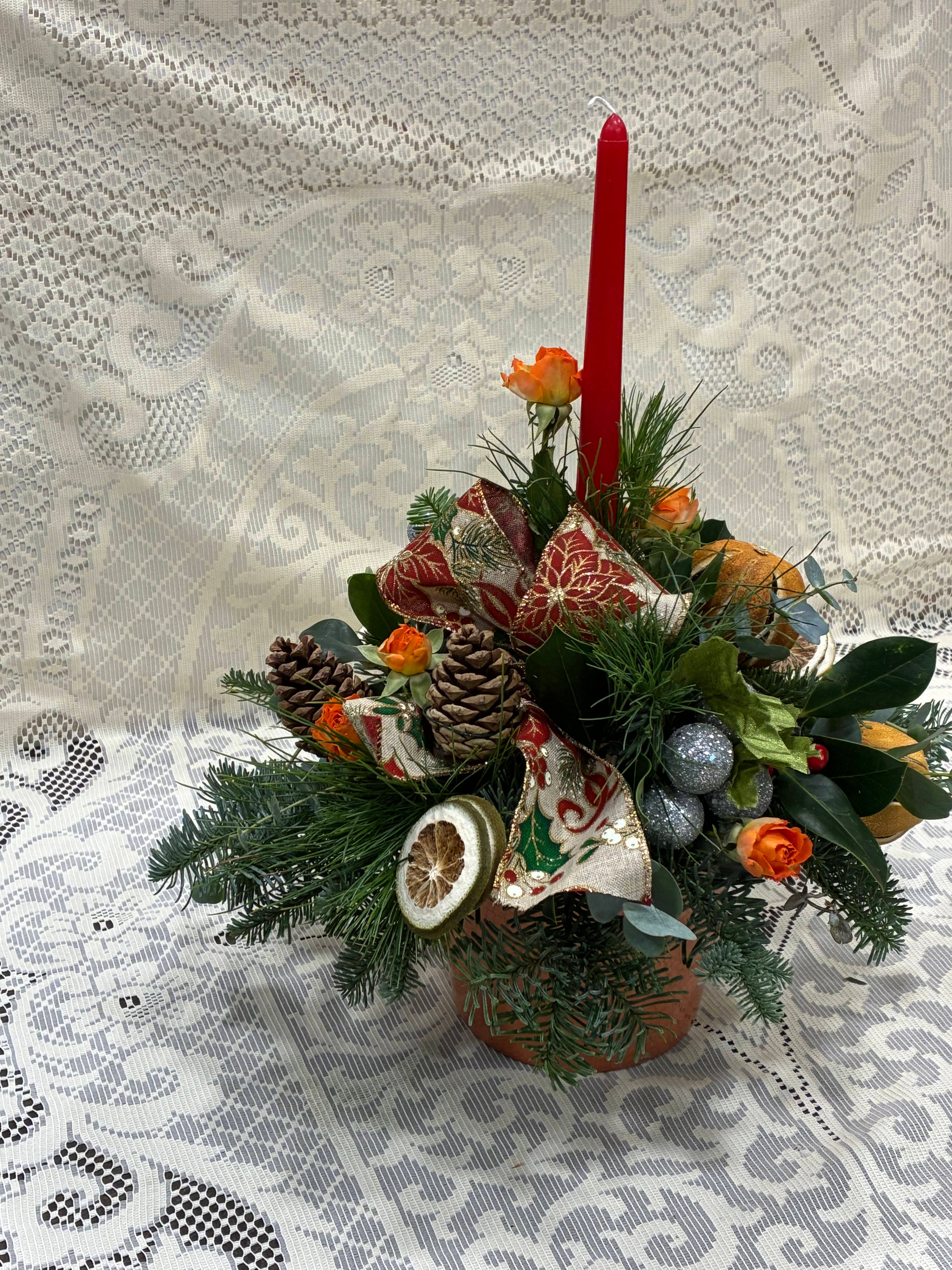 Christmas Candle Arrangement in Festive Container