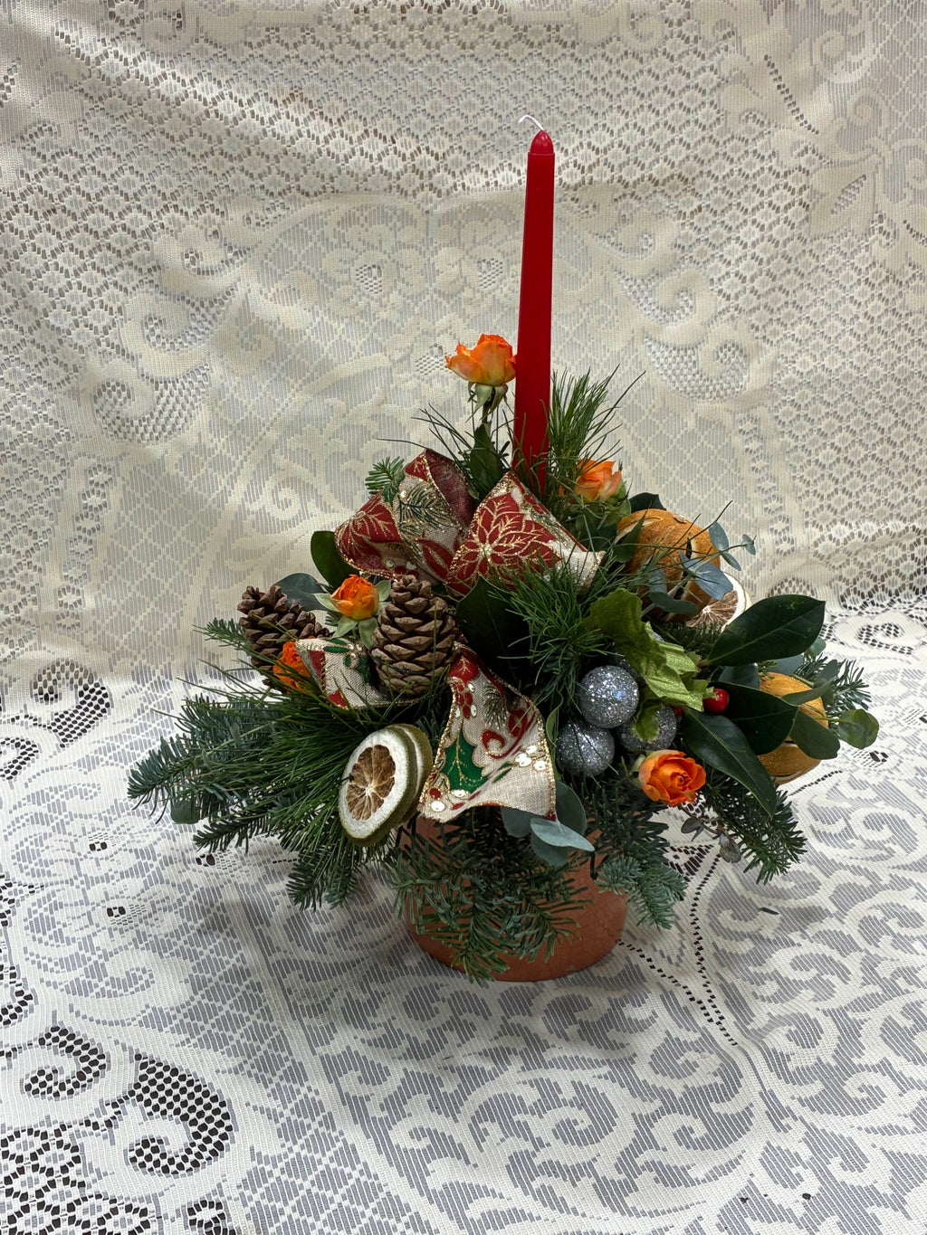 Christmas Candle Arrangement in Festive Container