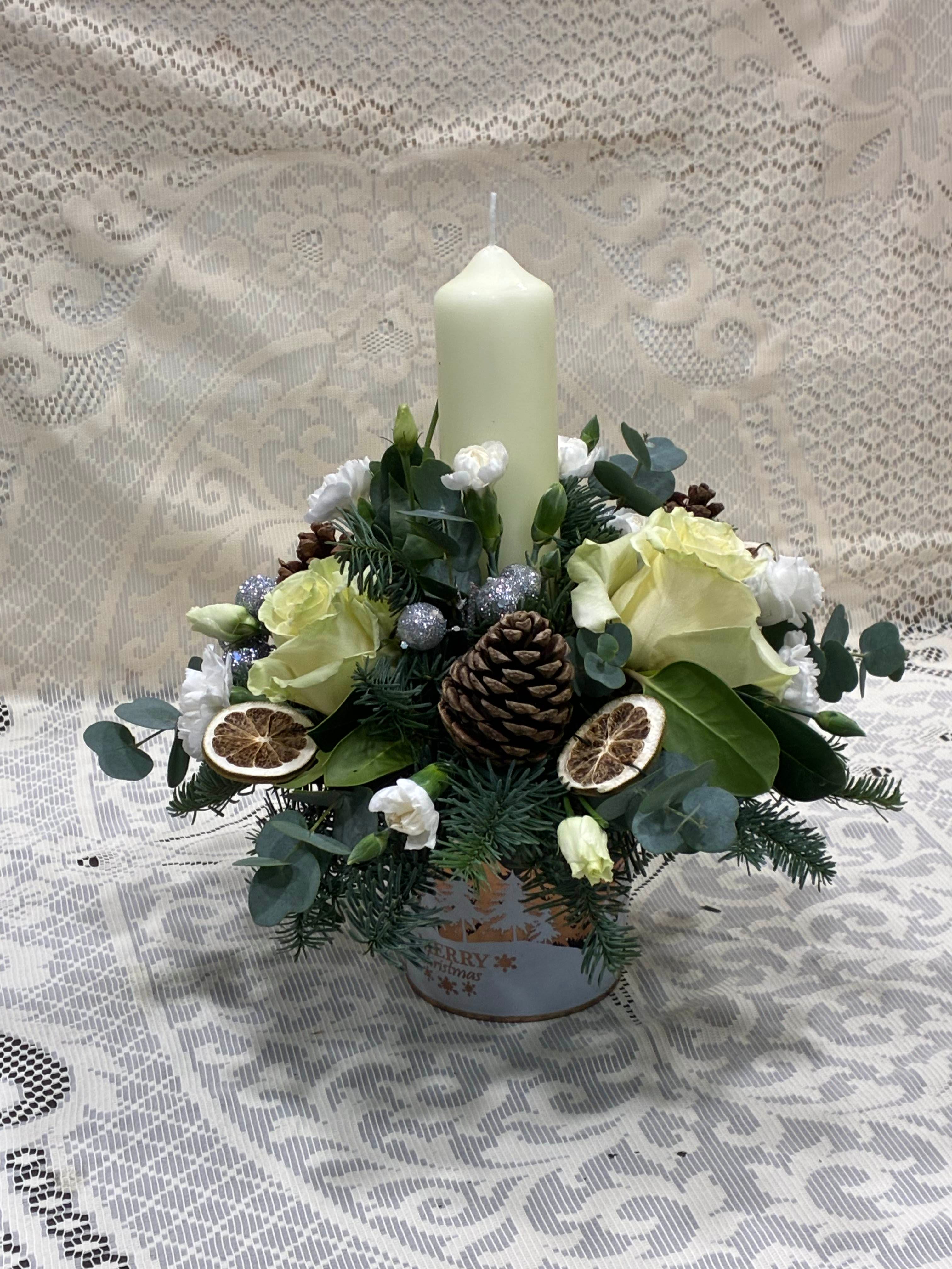 Christmas Candle Arrangement in Festive Container