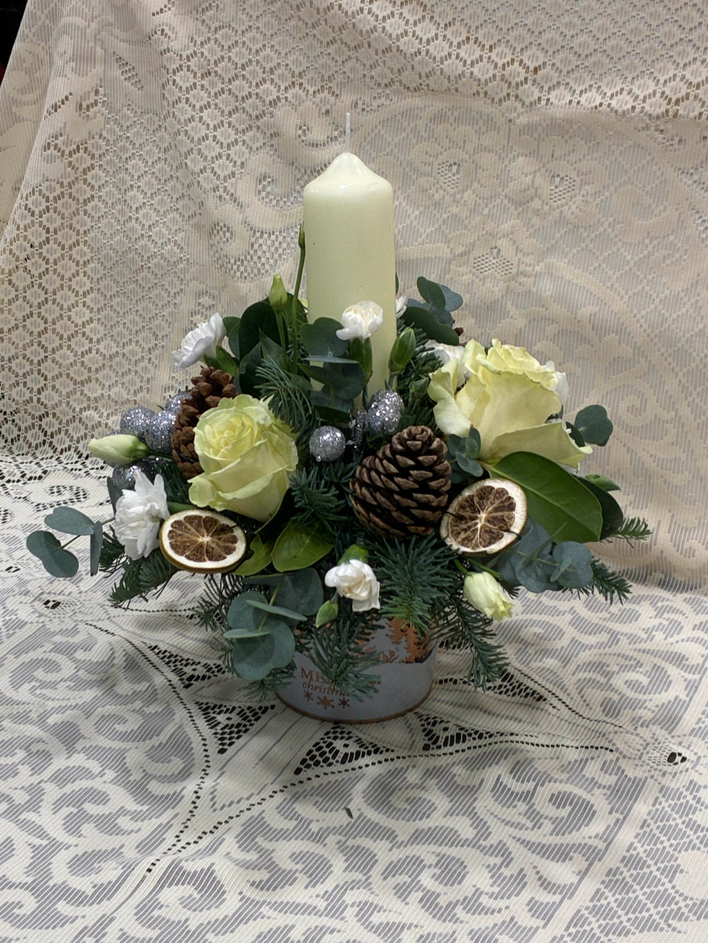 Christmas Candle Arrangement in Festive Container