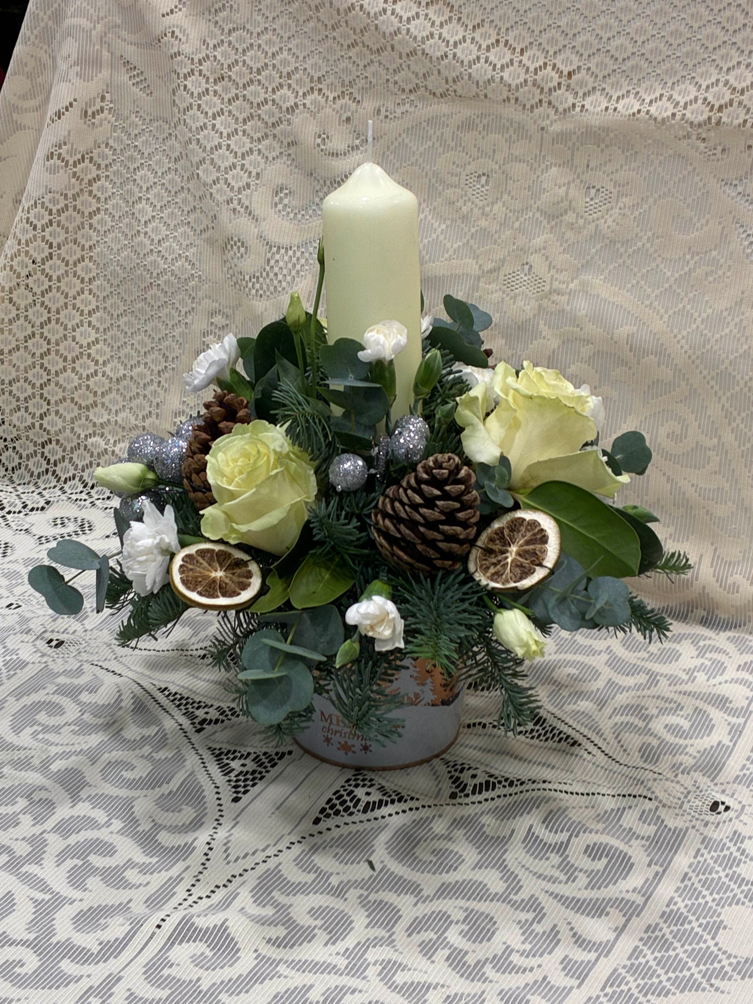 Christmas Candle Arrangement in Festive Container